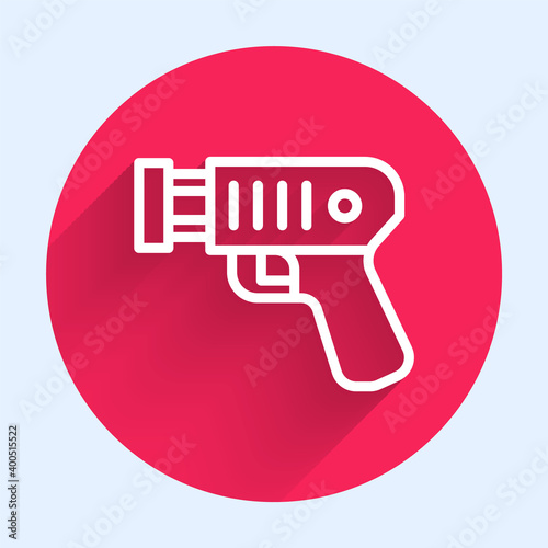 White line Police electric shocker icon isolated with long shadow. Shocker for protection. Taser is an electric weapon. Red circle button. Vector.