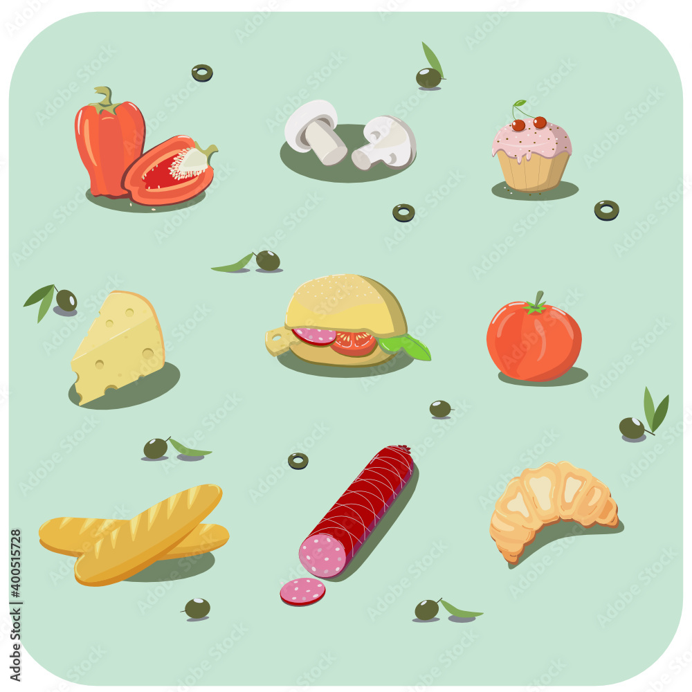 Vector illustration, set of icons on the theme of food. Design for menus, restaurants, cafes, kitchen textiles and inventory. Background isolated. Bright varied icon. Vector illustration, set of icons on the theme of food. Design for menus, restaurants, cafes, kitchen textiles and inventory. Background isolated. Bright varied icon.