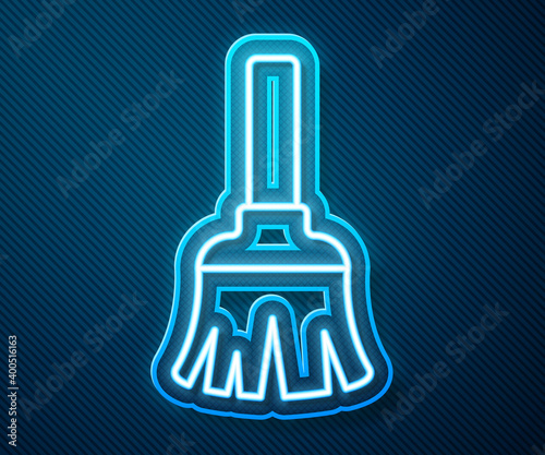 Glowing neon line Feather broom for cleaning icon isolated on blue background. Feather duster.  Vector.