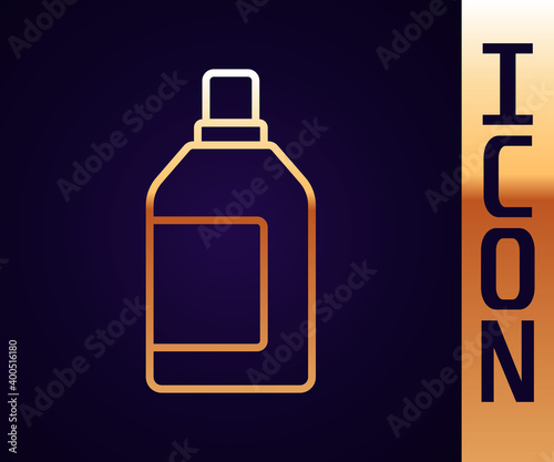 Gold line Plastic bottle for laundry detergent, bleach, dishwashing liquid or another cleaning agent icon isolated on black background.  Vector.