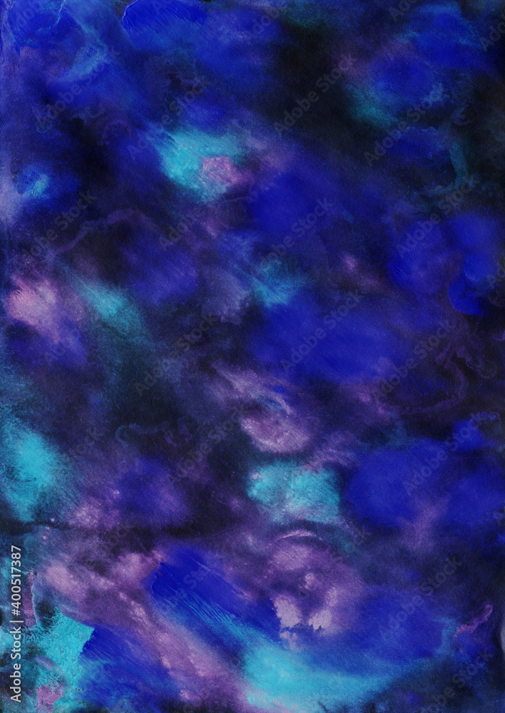 Simple abstract colorful watercolor, blue animal print. Hand-painted texture, splashes, drops of paint, paint smears. Great for backgrounds, wallpapers, covers and packaging, wrapping paper.