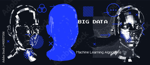 Artificial Intelligence concept. Android machine head made of pixels.