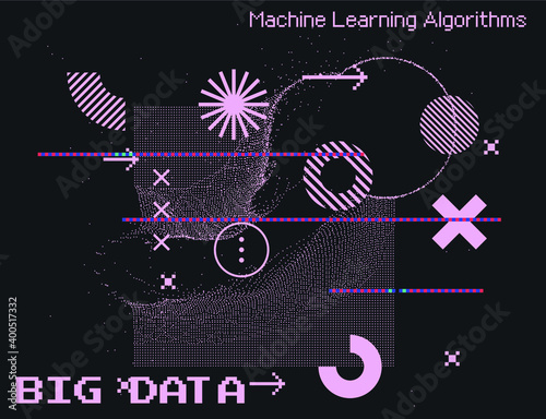 Abstract technology background with pixels and particles. Geometric futuristic composition.