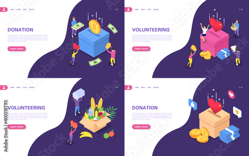 Donation and volunteering banner set. The concept of donating money, care and love. Volunteers help to raise money and food.