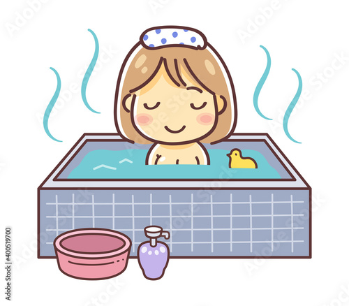 湯船に入ってリラックスしている女性のイラスト