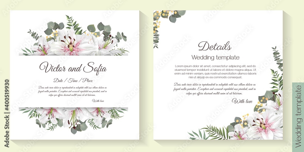 Floral design for wedding invitation. Vector template for your text. White king lilies, green plants and leaves.	