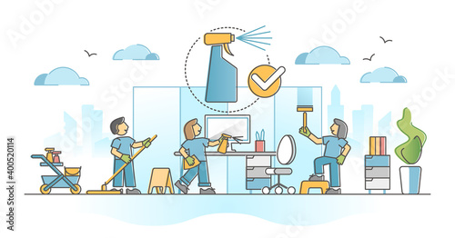 Office cleaning service as janitor workplace sanitize process outline concept