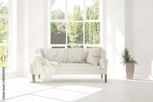 Wallpaper Mural White living room with sofa and summer landscape in window. Scandinavian interior design. 3D illustration Torontodigital.ca