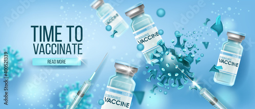 Coronavirus vaccine vector medical concept with glass bottles, destructing blue COVID-19 molecule.Global pandemic disease prevention health background. Scientific coronavirus vaccine protection design