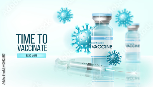 Coronavirus vaccine medical global pandemic background with bottles, syringe, reflections. Virus prevention, COVID-19 treatment, cure scientific health concept. Coronavirus vaccine vector illustration