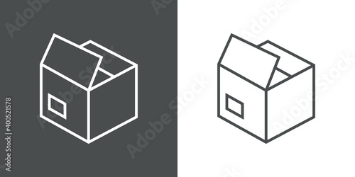 Icono caja de cartón abierta con lineas en fondo gris y fondo blanco