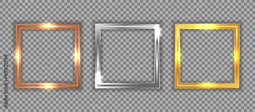Luxury and elegant square vintage frame with shadows isolated on transparent background. Vector realistic square border with gold, silver, bronze shiny glowing use for banner promotion, photo frame