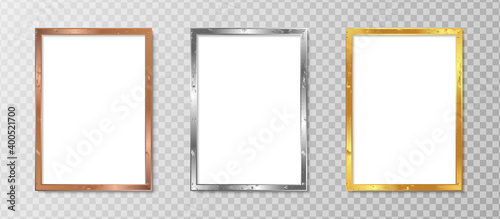 White blank picture frame, realistic vertical picture frame, A4. Empty white picture frame mockup template isolated. Luxury and elegant vector design illustration with gold, silver and bronze color