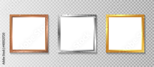 White blank picture frame, realistic square picture frame, A4. Empty white picture frame mockup template isolated. Luxury and elegant vector design illustration with gold, silver and bronze color