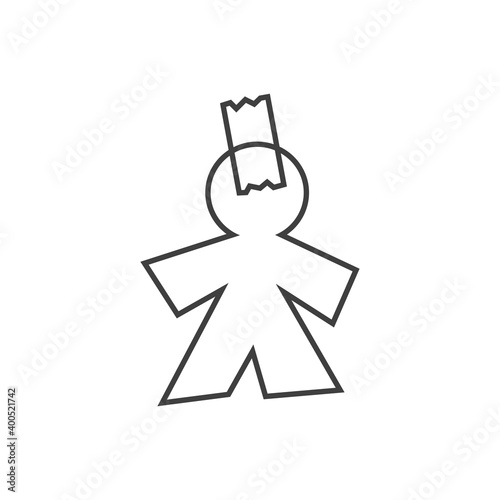 Día de los santos inocentes. Silueta de hombre de papel recortado con tira de cinta adhesiva de plastico en lineas color gris