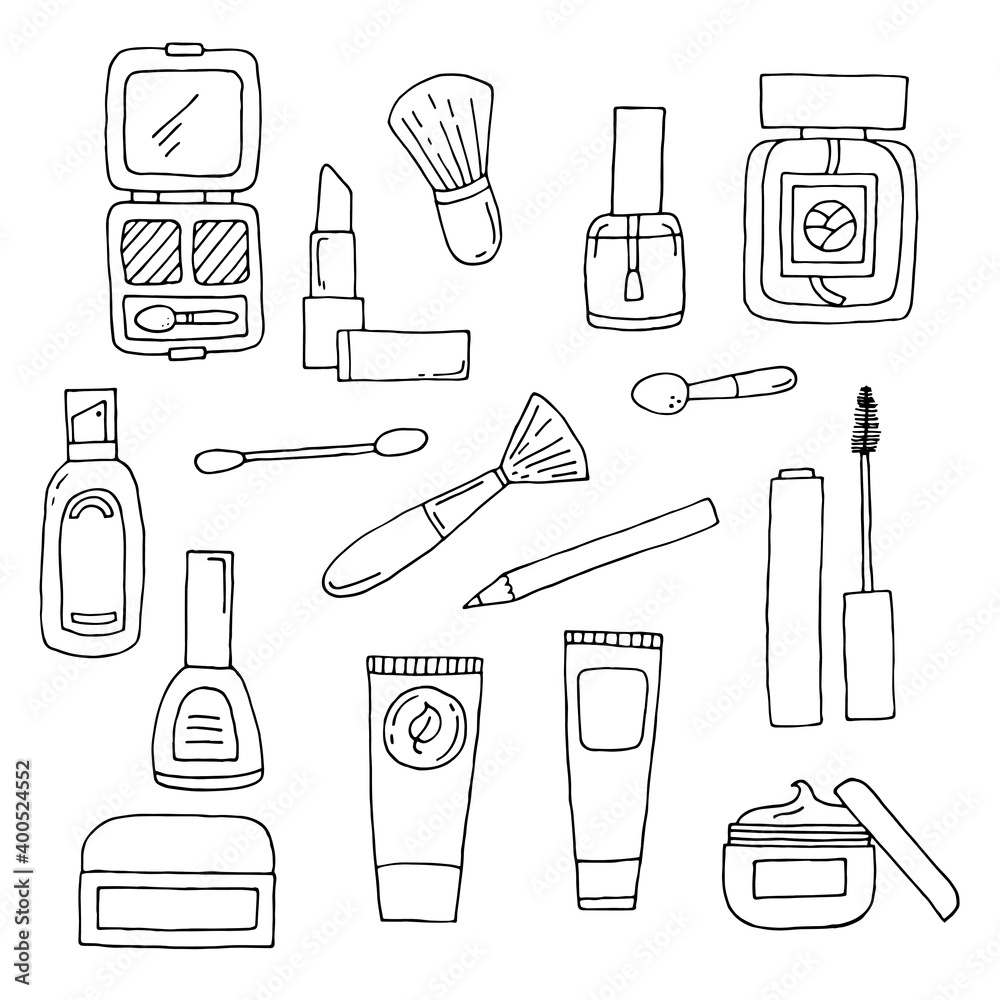 Set of cosmetics. Face and body care products. Vector hand-drawn doodle ...