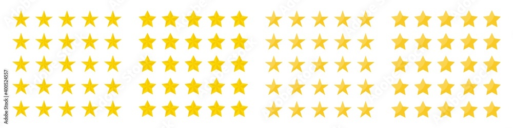 Five rating star icon button collection. Star vector icons set. Yellow stars different shapes isolated on white background. Stars in modern flat style. Vector design element. Five rating star icon button collection. Star vector icons set. Yellow stars different shapes isolated on white background. Stars in modern flat style. Vector design element.