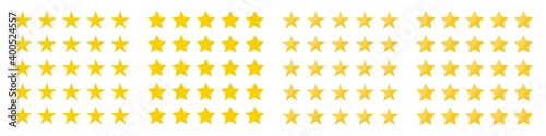 Five rating star icon button collection. Star vector icons set. Yellow stars different shapes isolated on white background. Stars in modern flat style. Vector design element.