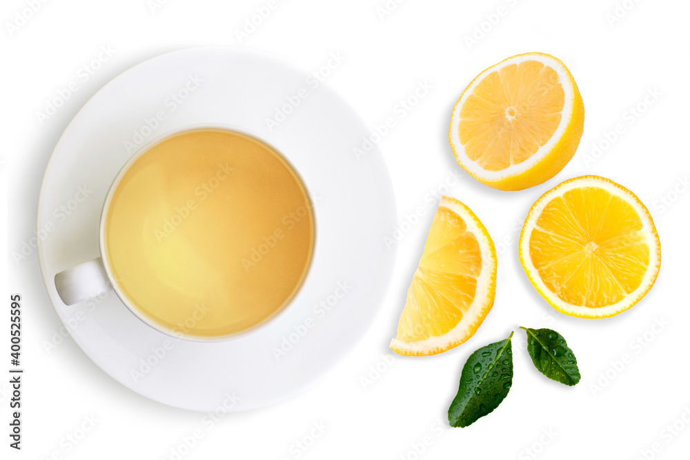 Cup of lemon tea with lemon slice isolated on white background. Top view. Flat lay. Cup of lemon tea with lemon slice isolated on white background. Top view. Flat lay.