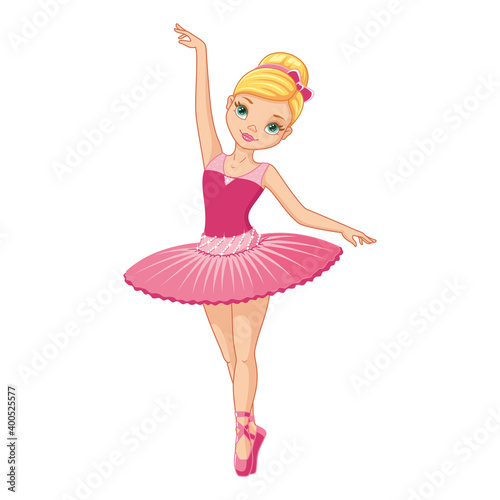 Cute ballerina girl in pink dress dancing. Cartoon vector illustration