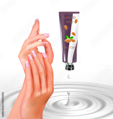 Woman hands with hand cream. vector illustration