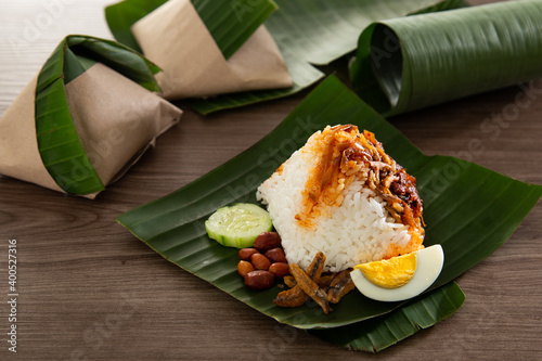 Konstfotografi Nasi lemak pack in banana leaf, popular breakfast in Malaysia