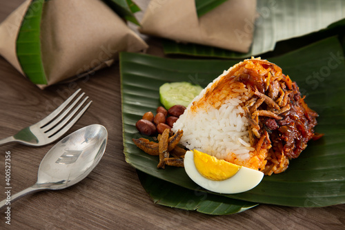 Photography Nasi lemak pack in banana leaf, popular breakfast in Malaysia