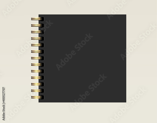 Black Notebook mockup with golden spiral. Square shape. Vector 3d realistic. notepad, organizer, diary. Blank template. Stylish Closed organizer with black cover. EPS10.