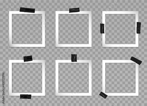 Set of square photo frames with black adhesive tape. Vector 3d realistic. Mockup for modern design. Blank template on a transparent background. 6 empty gray photo cards with different sticky tape.