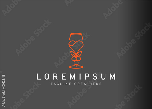 Wine love logo design. Icon vector illustration of heart wine glass with grape. Modern logo design with line art style.