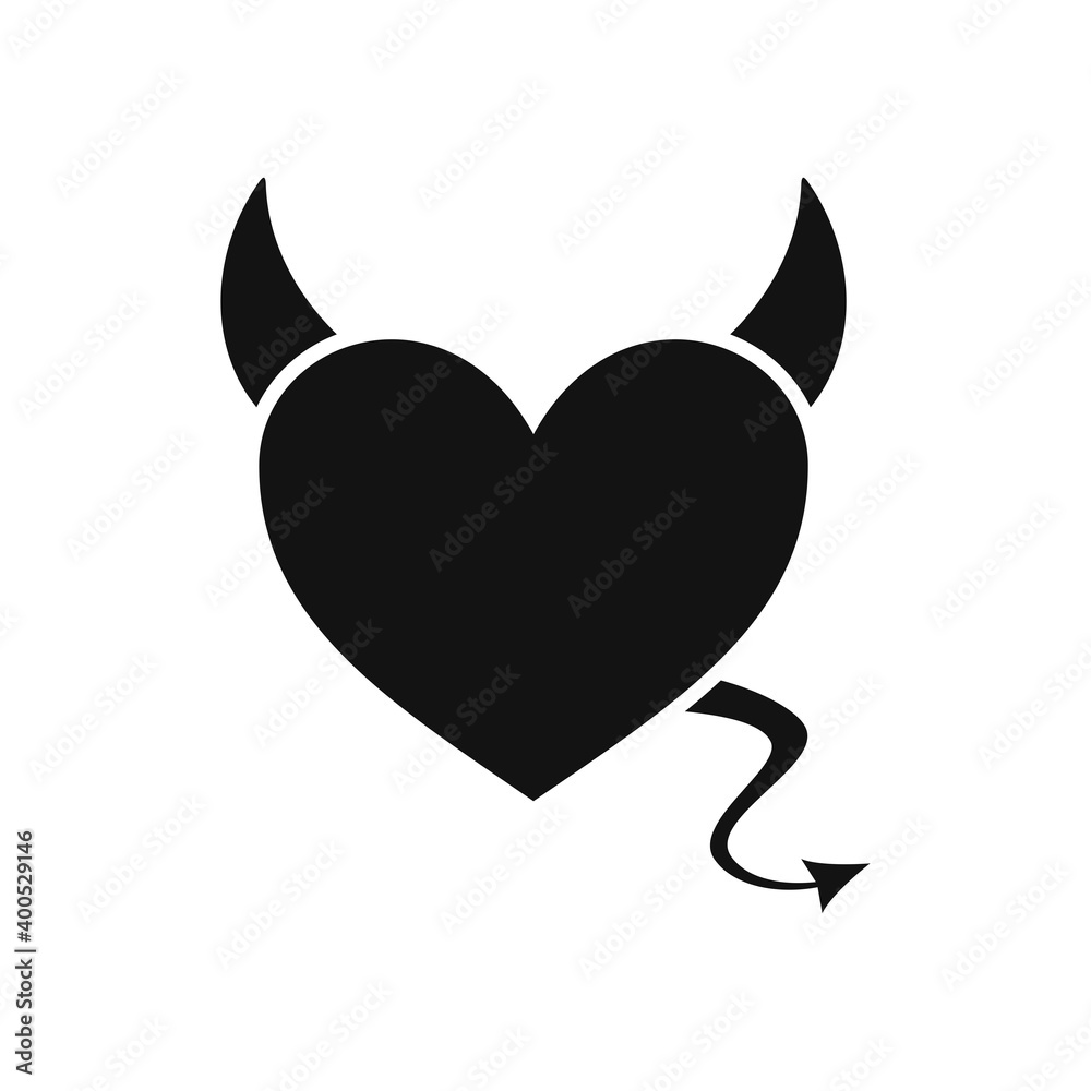 Heart with devil horns and a tail icon isolated on white background, Devil love. Valentine Day concept, Vector illustration Heart with devil horns and a tail icon isolated on white background, Devil love. Valentine Day concept, Vector illustration