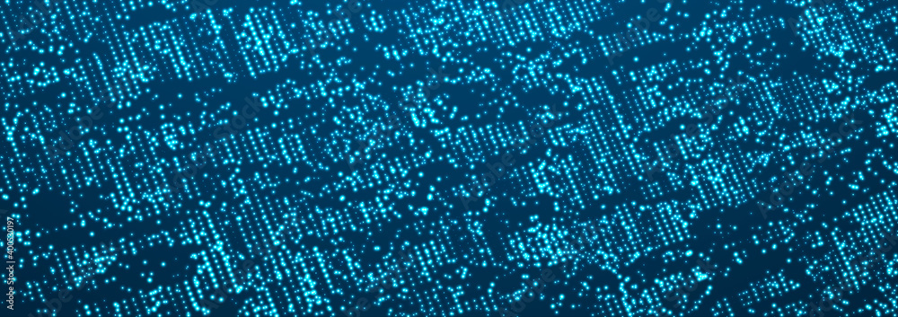 Abstract matrix. Gradient halftone. Many green dots of different sizes on dark background. 3d Abstract matrix. Gradient halftone. Many green dots of different sizes on dark background. 3d