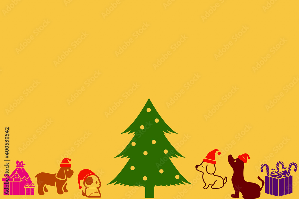 christmas tree with gifts and dogs, abstract background with blank copy space for writing your own text, graphic design illustration wallpaper