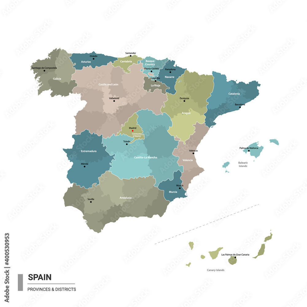 Spain higt detailed map with subdivisions. Administrative map of Spain with districts and cities name, colored by states and administrative districts. Vector illustration.