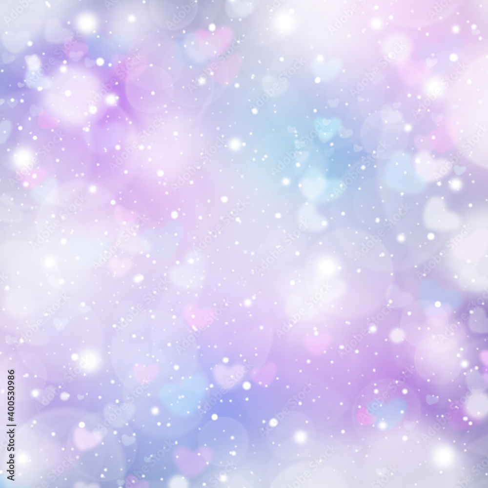 Soft blurred white, purple and blue background with hearts and circles. Valentines day bokeh background