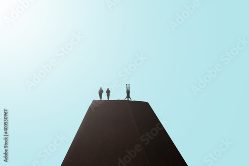 single man VS couple on top of pyramid. lifestyle difference concept of life perspectives 