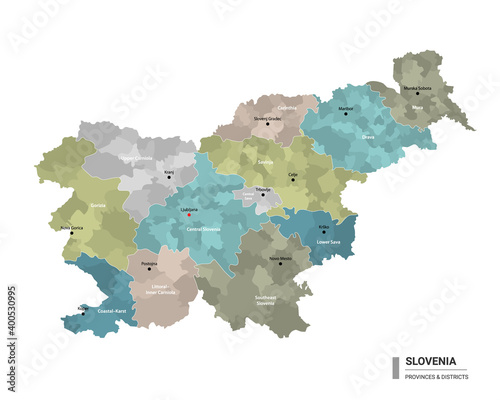 Slovenia higt detailed map with subdivisions. Administrative map of Slovenia with districts and cities name, colored by states and administrative districts. Vector illustration. photo