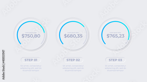 Neumorphic elements for infographic. Template for diagram, graph, presentation and chart. Skeuomorph concept with options, parts, steps or processes