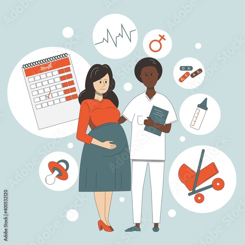 European pregnant woman and African American nurse standing side by side surrounded by symbols of motherhood. Pregnancy monitoring.