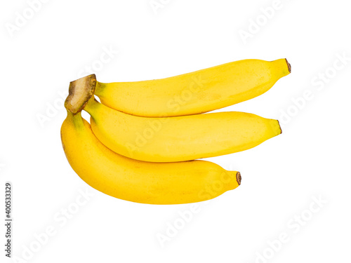 isolated of three golden banana in group a vivid yellow color sweet fruit for food and dessert ingredient with clipping path on white background
