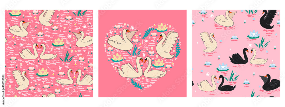 Set of seamless patterns with swans on a pink background. Vector graphics.