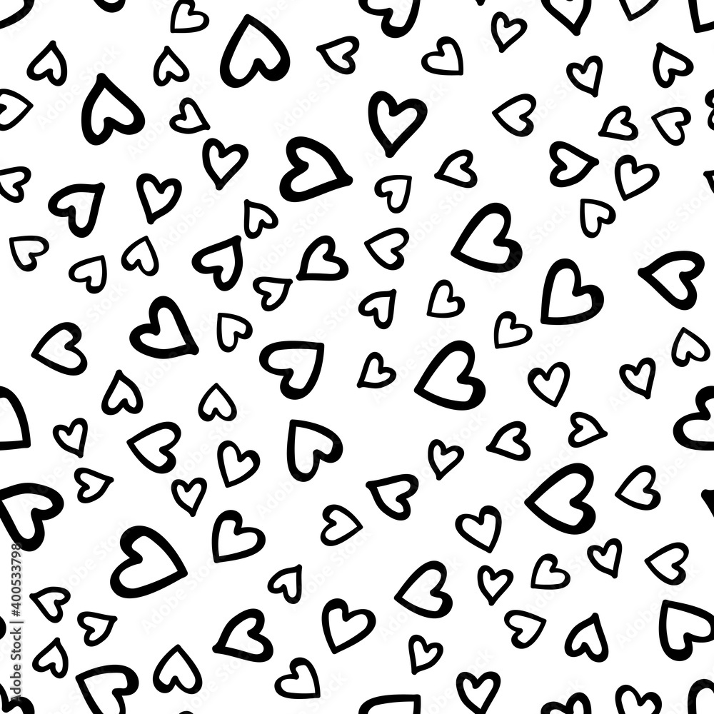 Seamless heart pattern. Many hearts. Simple black and white pattern. Background for valentines day, love. For prints, invitation, wedding design, printing on fabric.Vector .