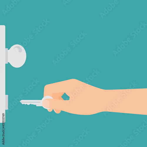 Flat design illustration of hand holding key and unlocking or locking entrance door. Isolated on green background, vector