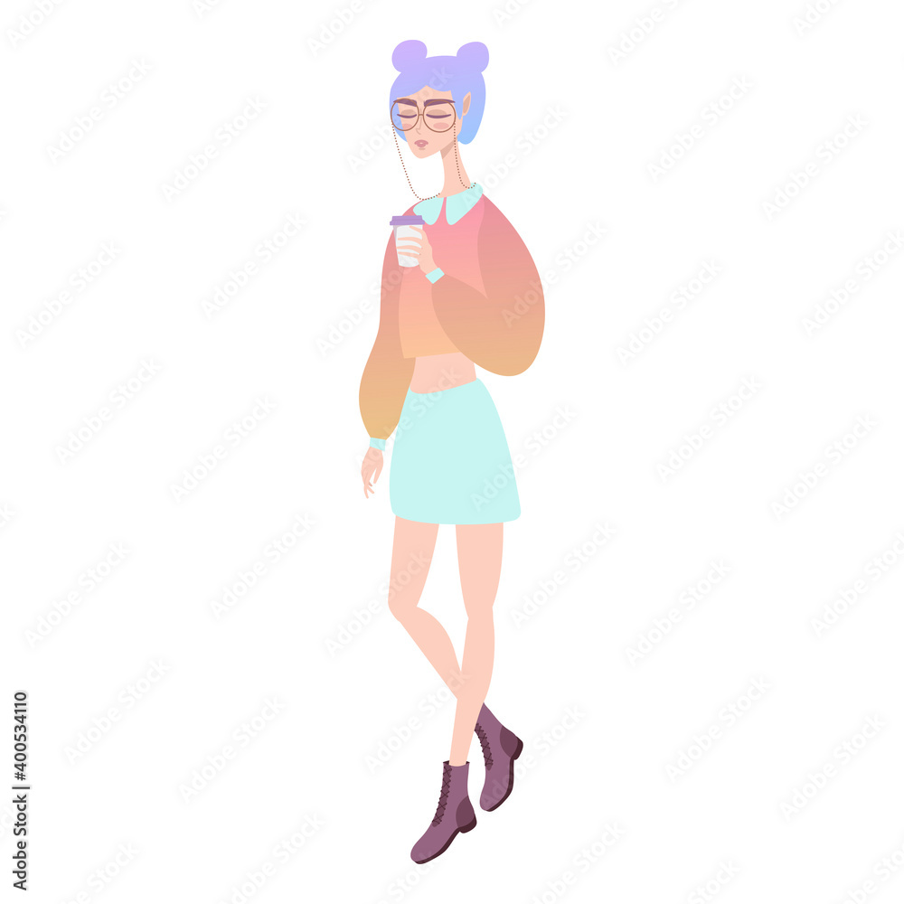 A young women stands with coffee. Female cartoon character with blue hair A young women stands with coffee. Female cartoon character with blue hair