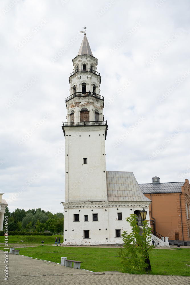 Leaning Tower of Nevyansk in summer day. Tower in the town of Nevyansk in Sverdlovsk Oblast, Russia