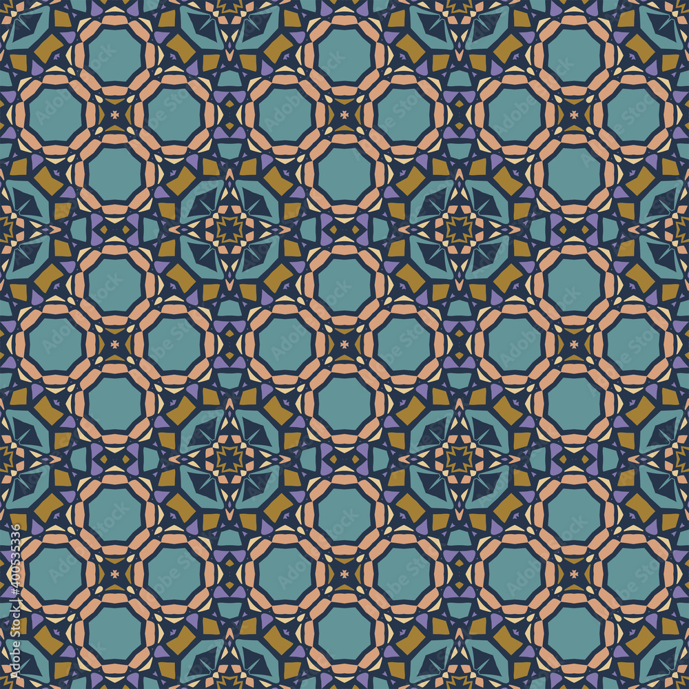 Creative trendy color abstract geometric pattern in blue olive orange, vector seamless, can be used for printing onto fabric, interior, design, textile. Home decor, interior design, cloth design.
