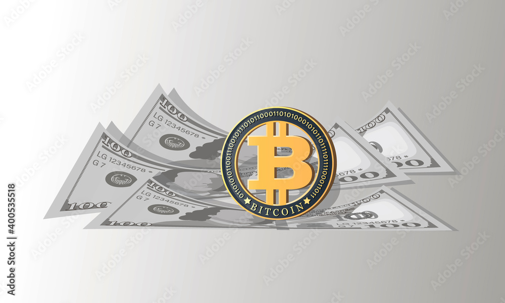 BITCOIN. Hundred dollar. Network trading crypto currency. Gold coins standing on the dollar bills. New virtual money concept. Design for a poster, business project, business information. Vector illust BITCOIN. Hundred dollar. Network trading crypto currency. Gold coins standing on the dollar bills. New virtual money concept. Design for a poster, business project, business information. Vector illust