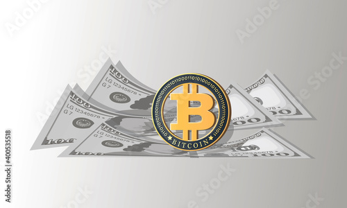 BITCOIN. Hundred dollar. Network trading crypto currency. Gold coins standing on the dollar bills. New virtual money concept. Design for a poster, business project, business information. Vector illust
