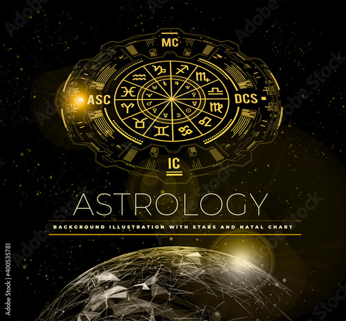 Astrology vector background. Example of the natal chart the planets in the houses and aspects between them. Earth Planet