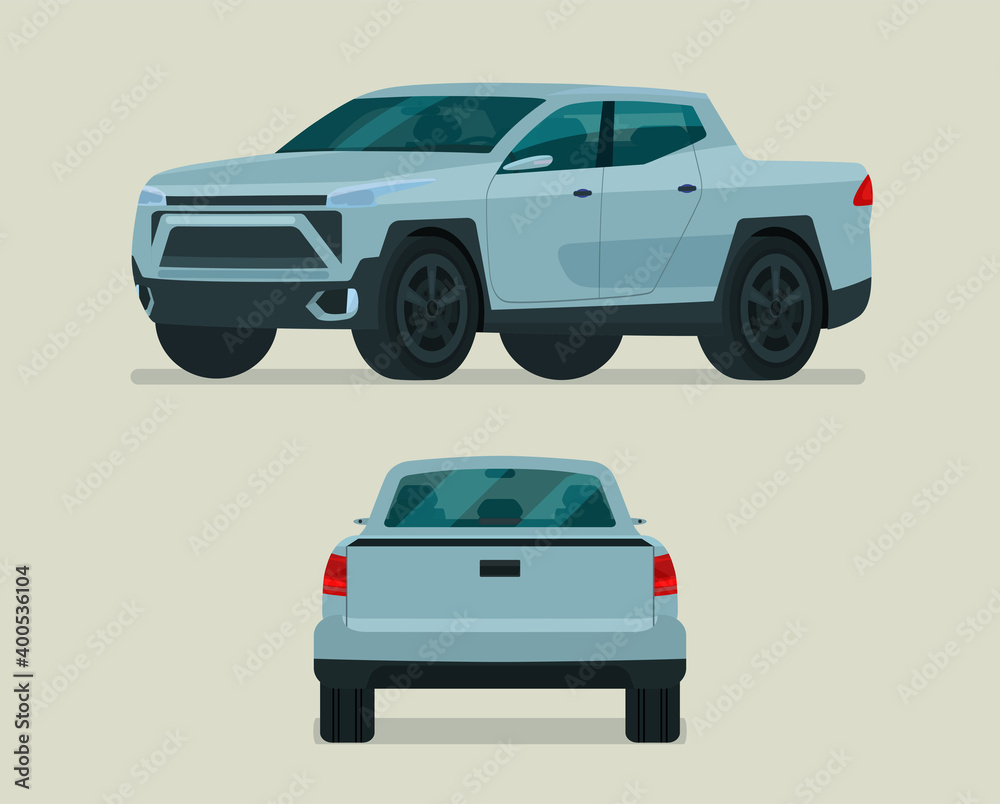 Modern pickup truck set. Pickup truck with side and back view. Vector flat style illustration.
